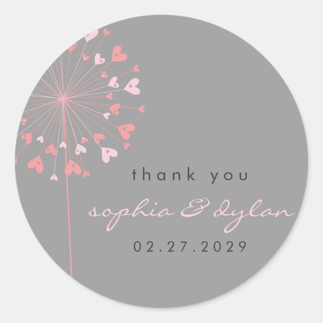 Pink Dandelion Blume Liebe Herz Sommerhochzeit Runder Aufkleber (Vorderseite)