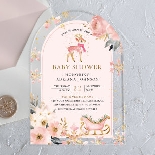 Pink Deer Winter Wonderland Torbogen Baby Shower Acryleinladungen