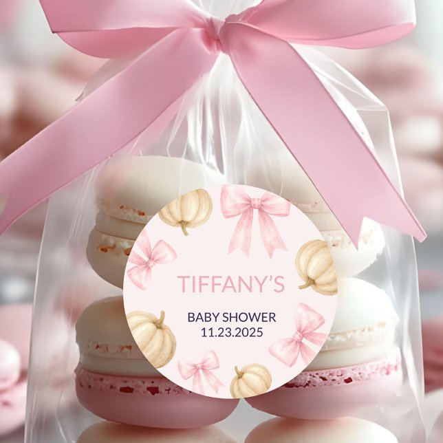 Pink delicate bow Pumpkin Baby Shower Runder Aufkleber (Von Creator hochgeladen)