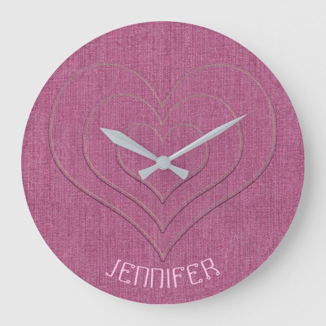 Pink Denim Jeans Fabric 3 Herz Name Personalisiert Große Wanduhr (Vorderseite)