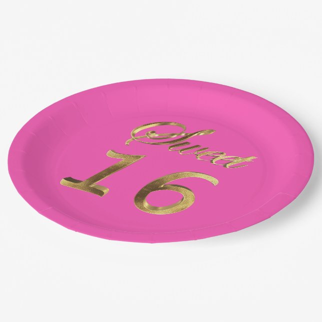 Pink des Bonbon-16 und Goldblick-Typografie Pappteller (Schrägansicht)
