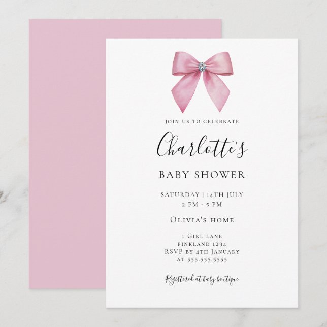 Pink Diamond Bow Girl Baby Shower Invitation (Devant / Derrière)