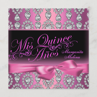 Pink Diamond & Bow Quinceanera Einladung