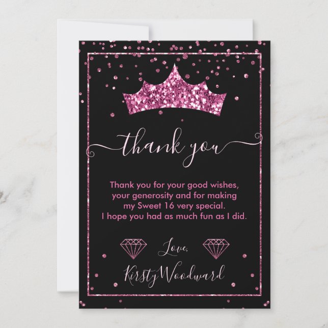 Pink Diamond Confetti Tiara Sweet 16 Dankeskarte (Vorderseite)