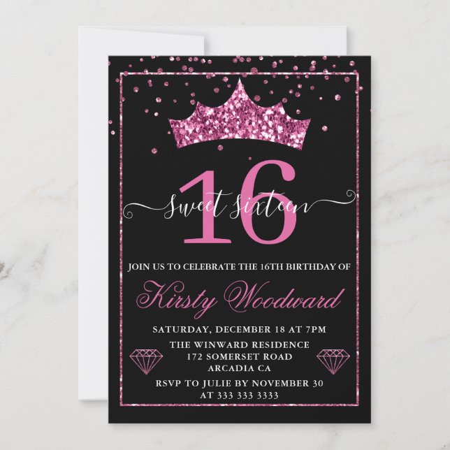 Pink Diamond Confetti Tiara Sweet 16 Einladung (Vorderseite)