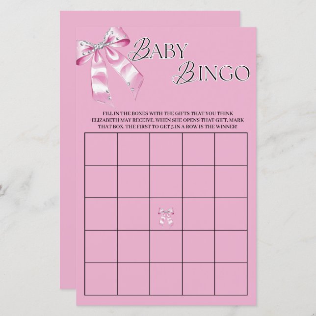 Pink Diamond Coquette Bow Babydusche Bingo (Vorne/Hinten)