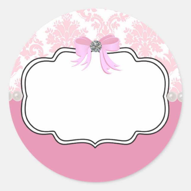 Pink Diamonds and Pearls Damask Einladung Runder Aufkleber (Vorderseite)