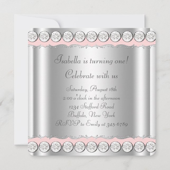 Pink Diamonds Pink und Silver Birthday Party Einladung (Rückseite)