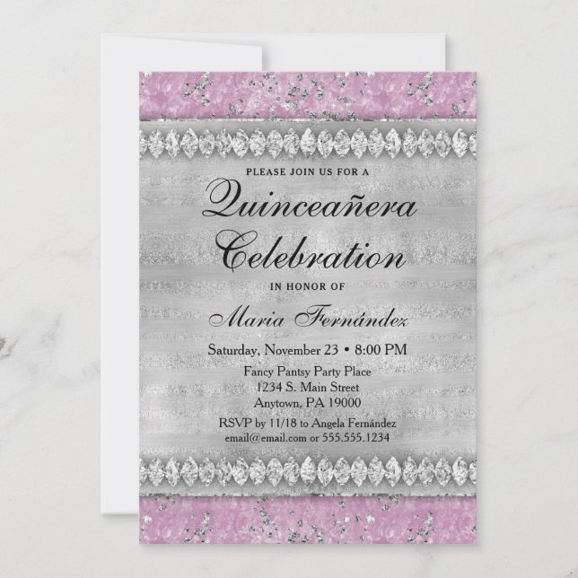 Pink Diamonds Quinceañera Einladung Velvet Silver (Vorderseite)