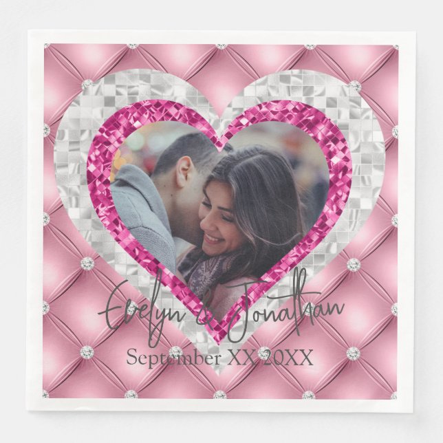 Pink Diamonds Silver Heart Frame Custom Foto Serviette (Vorderseite)