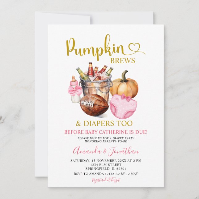 Pink Diaper Pumpkins Brews Girl Fall Gender Reveal Einladung (Vorderseite)