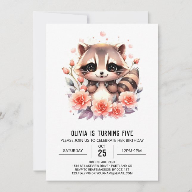 Pink Digital Raccoon Girl Birthday Einladung (Vorderseite)