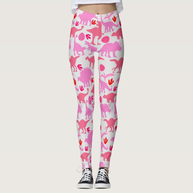 Pink Dino Pattern L Gray BG Leggings (Vorderseite)