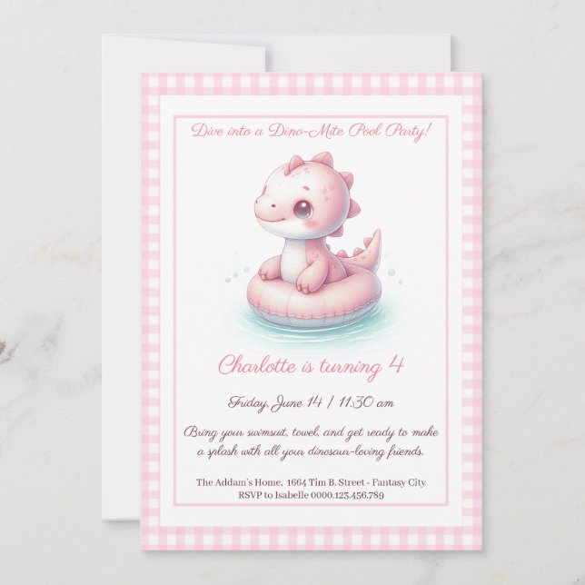 Pink Dino Pool Party - Invitation d'anniversaire (Devant)