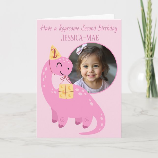 Pink Dinosaur 2nd Birthday Card Karte (Vorderseite)