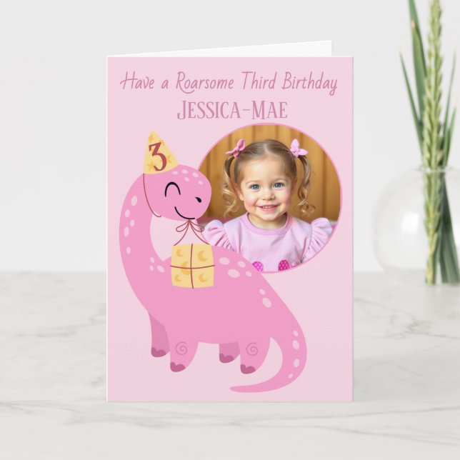 Pink Dinosaur 3rd Birthday Card Karte (Vorderseite)