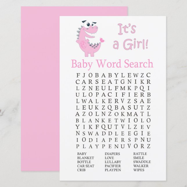 Pink Dinosaur Baby Dusche Word Search Game (Vorne/Hinten)