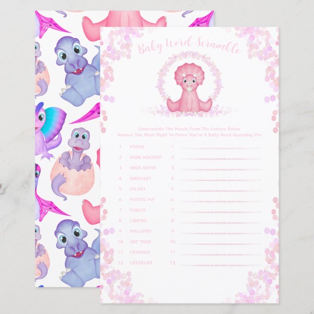 Pink Dinosaur Baby Word Scramble Baby Showspiel (Vorne/Hinten)