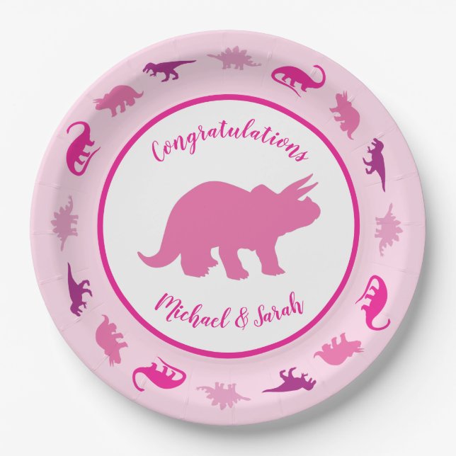 Pink Dinosaur Babydusche Pappteller (Vorderseite)