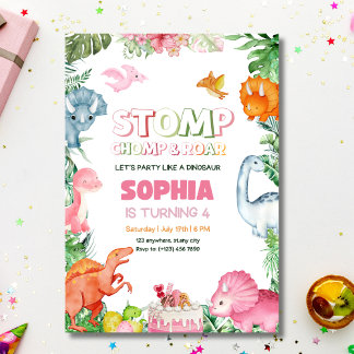 Pink Dinosaur Birthday Einladung Girl Dinosaurier