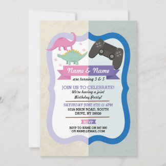 Pink Dinosaur & Gaming Joint Boy Girl Geburtstag Einladung