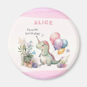 Pink Dinosaur Girl Aquarell Geburtstag Magnet