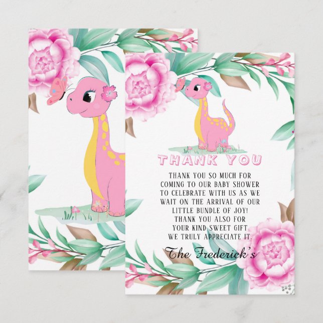 Pink Dinosaur Girl Baby shower Merci Cartes (Devant / Derrière)