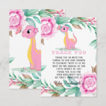 Pink Dinosaur Girl Babydusche Danke Karten