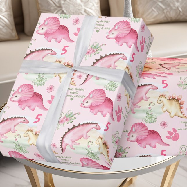 Pink Dinosaur Girl Geburtstagsnummer Individuelle  Geschenkpapier (Pink Dinosaur Girl Birthday Custom Name Number Wrapping Paper)