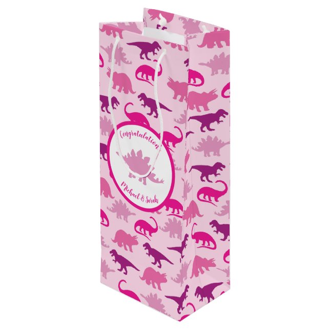 Pink Dinosaur Kinderdusche Niedlich Dino Girl Geschenktüte Für Weinflaschen (Rückseite Schrägansicht)