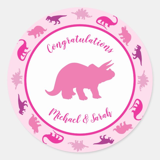 Pink Dinosaur Kinderdusche Niedlich Dino Girl Runder Aufkleber (Vorderseite)