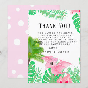 Pink Dinosaur Oiseau Tropical Girl Merci Cartes