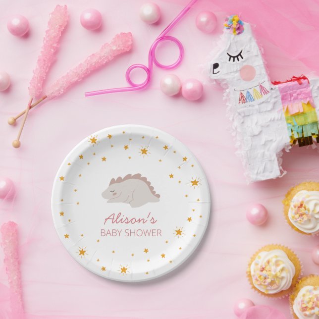 Pink Dinosaur Twinkle Star Baby Shower Girl Party Pappteller (Party)