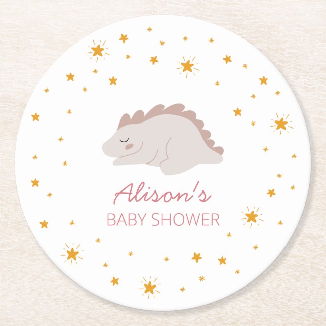 Pink Dinosaur Twinkle Star Baby Shower Girl Party Runder Pappuntersetzer (Vorderseite)