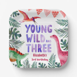 Pink Dinosaur Watercolor Young Wild and Three  Pappteller