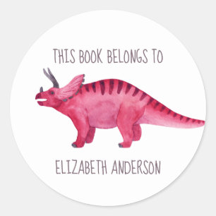 Pink Dinosaurier "Dieses Buch gehört zu" Buchzeich Runder Aufkleber