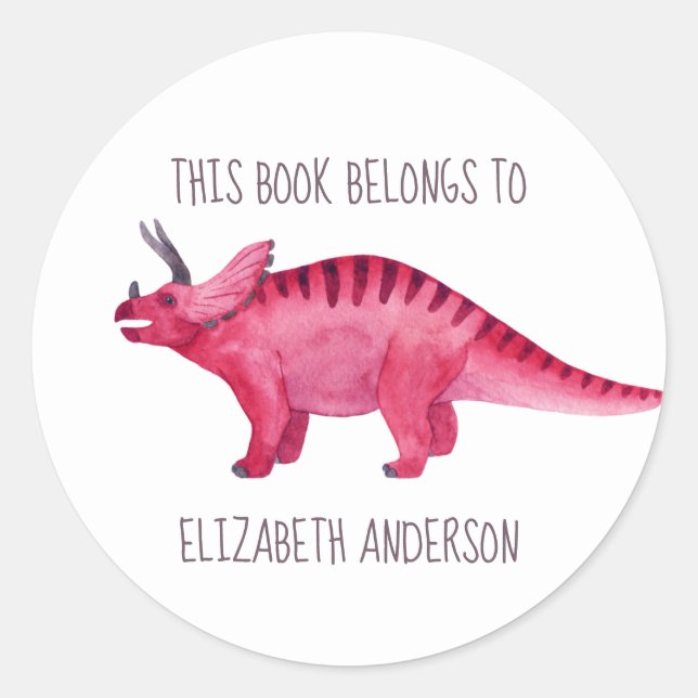 Pink Dinosaurier "Dieses Buch gehört zu" Buchzeich Runder Aufkleber (Vorderseite)