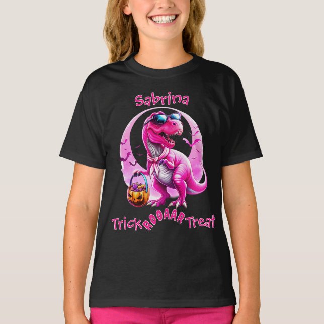 Pink Dinosaurier Trick oder Behandeln T-Shirt (Vorderseite)