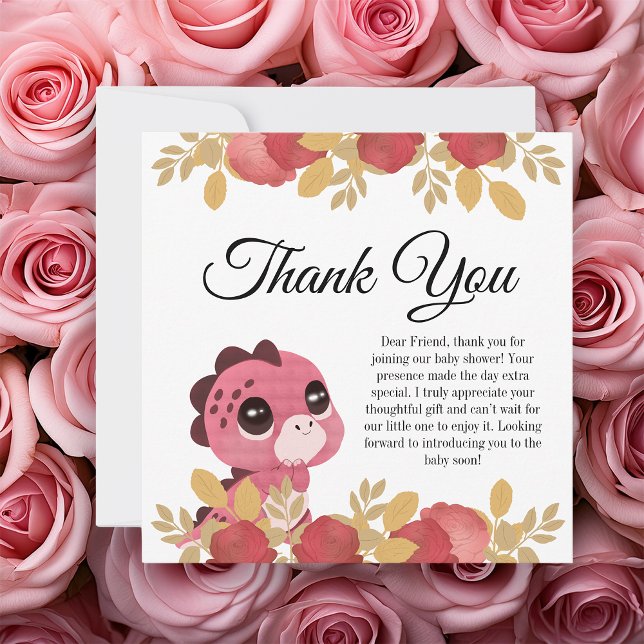 Pink Dinosaurier und Rose Kinderdusche Danke Karte (pink dinosaur cartoon themed thank you card on top of roses)