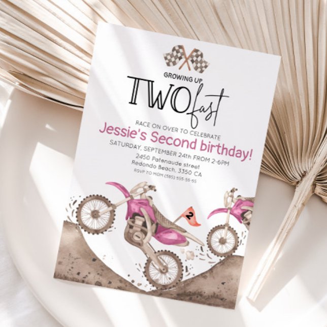 Pink Dirt Bike 2nd birthday - Growing up two fast Einladung (pink dirt bike growing up two fast birthday invitation)