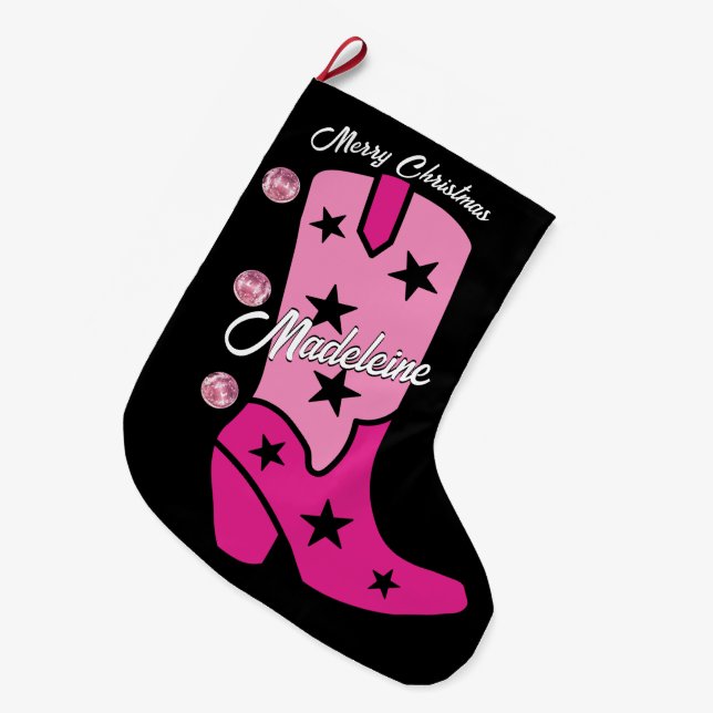 Pink Disco Costgirl Boot Add Name Western Großer Weihnachtsstrumpf (Vorderansicht (hängend))