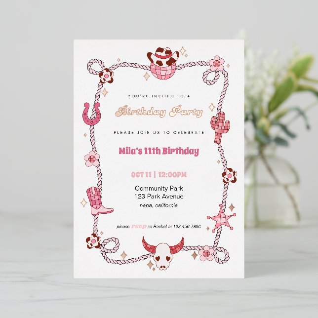 Pink Disco Cowgirl Foil Invitation Anniversaire (Debout devant)