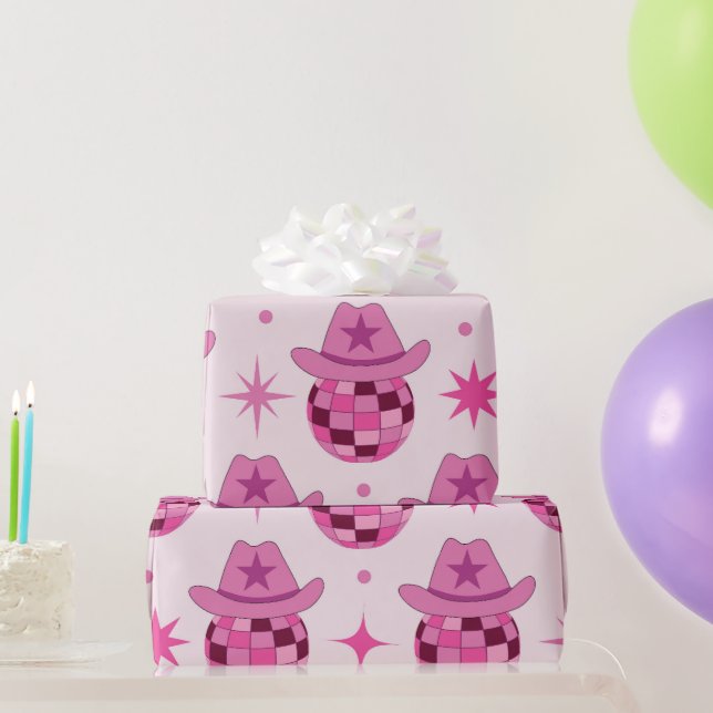 Pink Disco Cowgirl Hutform Muster mit Sternen Geschenkpapier (Partygeschenke)