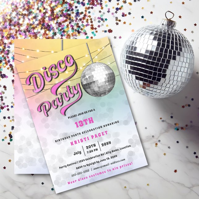 Pink Disco Party Anniversaire Invitation (Fun disco party invitation front and back view.)