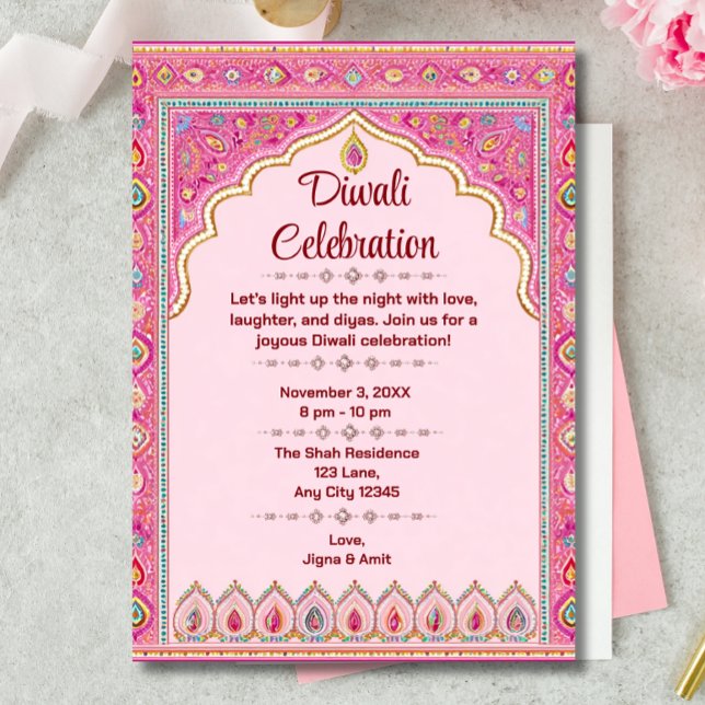 Pink Diwali Traditionelle Verzierte Diwali Feier Einladung (Von Creator hochgeladen)