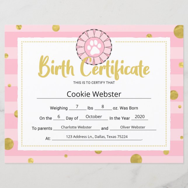 Pink Dog Clip Art Welpe Geburtsurkunde (Vorderseite)
