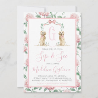 Pink Dog Girl Sip & See Floral Preppy Southern Einladung