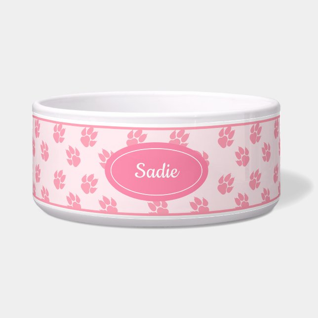 Pink Dog Paws Muster mit Individuelle Name Napf (Vorderseite)