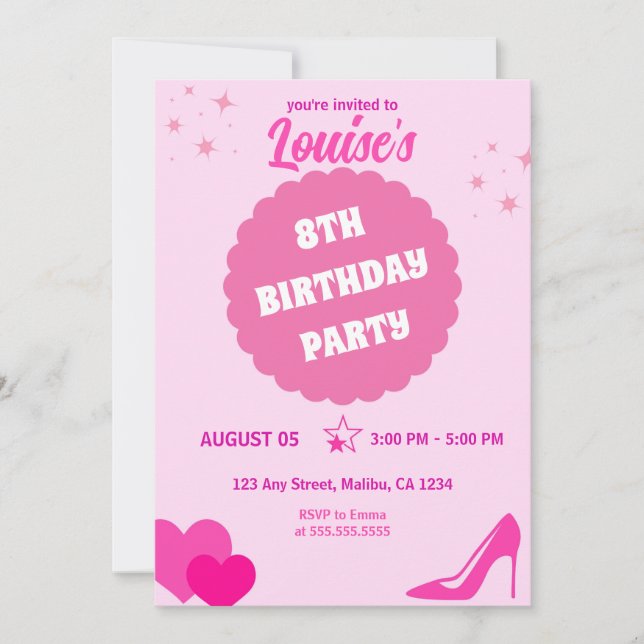 Pink Doll Birthday Party, Girl Einladung (Vorderseite)
