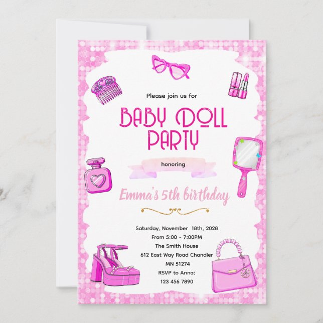 Pink doll party invitation einladung (Vorderseite)